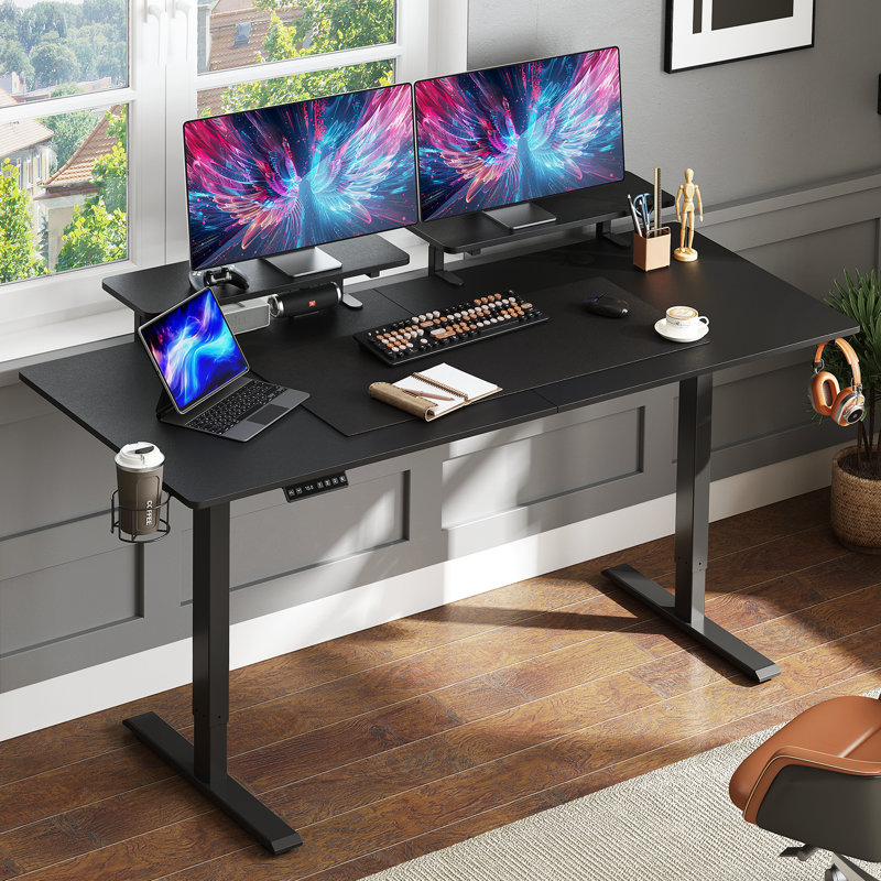 Height Adjustable Standing Desk With Monitor Stand and 2 Adjustable Monitor Shelves, Black, 46" H x 63" W x 24" D