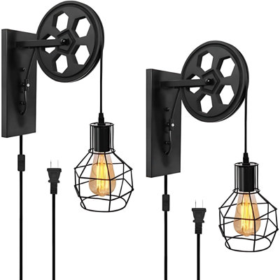 Ensemble de 2 appliques murales industrielles à brancher réglable avec hauteur réglable, lampe murale rustique avec poulie noire et en bois pour la chambre à coucher, le salon, le couloir