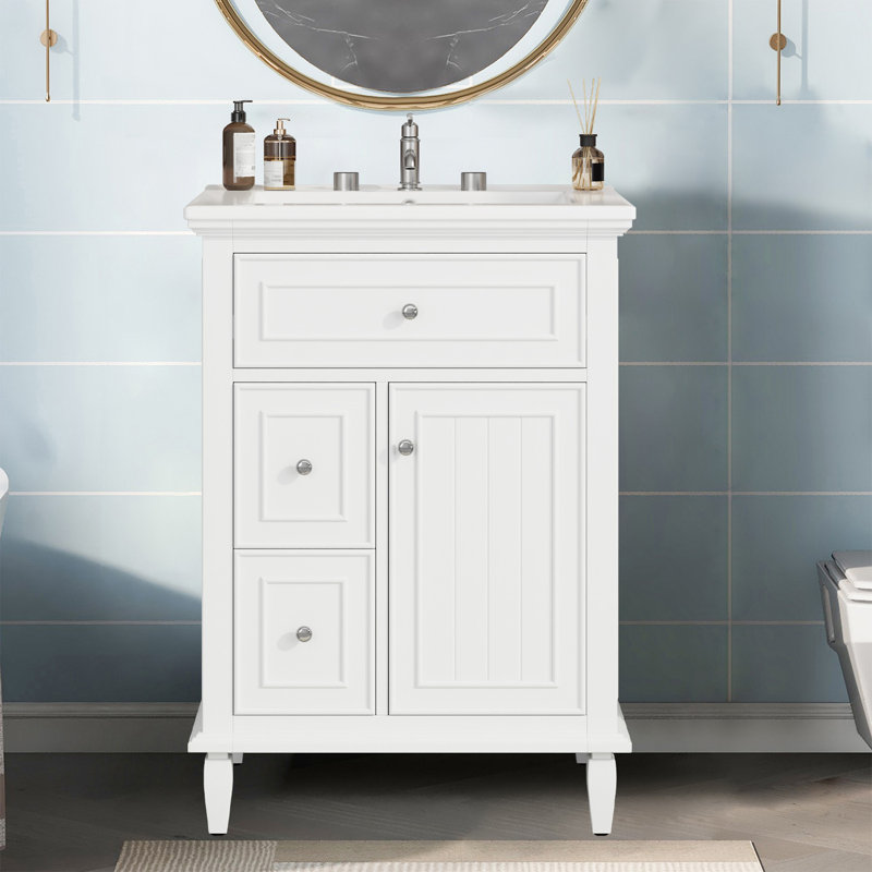Meuble-lavabo 24 po avec lavabo en céramique, un tiroir rabattable et deux tiroirs, bois massif et panneau de fibres à densité moyenne