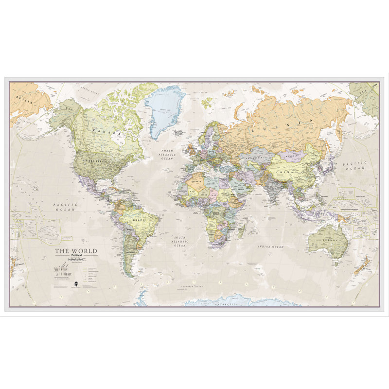 Large Classic World Map - Single Picture Frame Print, 62.4cm H x 87.1cm W x 5cm D, White Framed