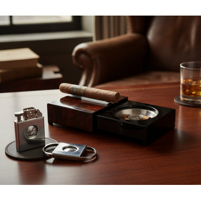 Visol loki Sliding Ashtray With Removable Insert & Compartments — Burl Wood Finish