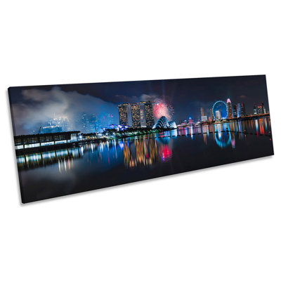 Singapore Skyline Fireworks - Wrapped Canvas Panoramic Print