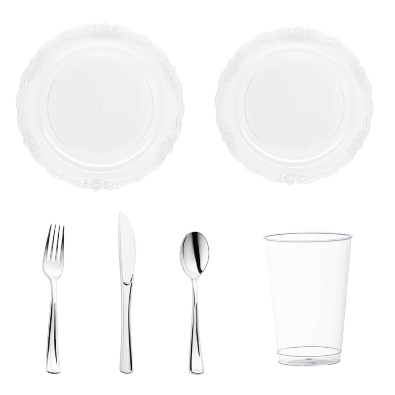 Ensemble de 30 pièces en plastique jetable transparent avec bordure argentée de style vintage, idéal pour un mariage.