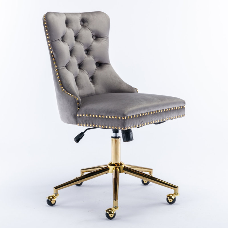Office Chair,Velvet Upholstered Tufted Button Home Office Chair Adjustable Desk Chair Swivel Office Chair, Gray