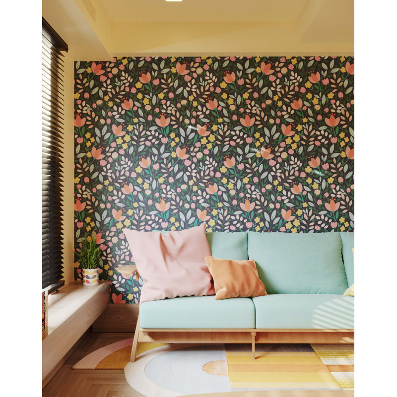 Modern Illustrated Delicate Floral Wallpaper, Navy