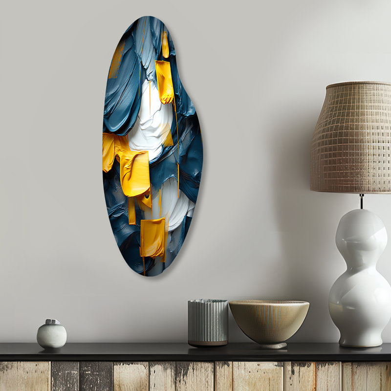 «Spring Bliss Abstract Turquoise and Yellow I», peinture abstraite incurvée en métal asymétrique, H 30 po x l 11 po