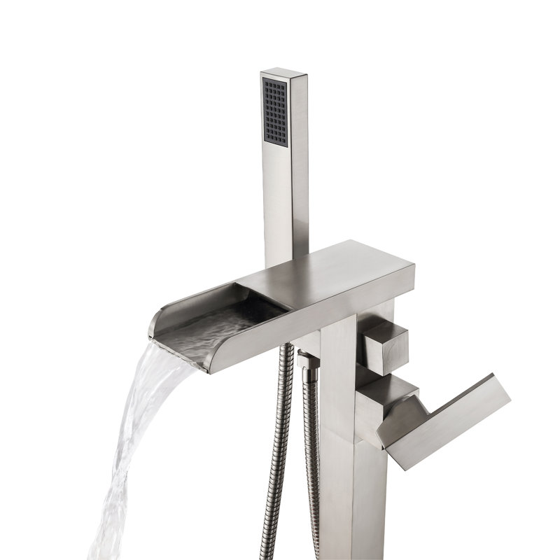 Infinity Single Handle Floor Mount Roman Tub Faucet with Hand Shower in Brushed Nickel