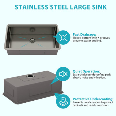 Évier de cuisine Gunmetal Workstation - bol simple 33 x 19 x 10 po, acier inoxydable de calibre 16, surface nano, facile à nettoyer
