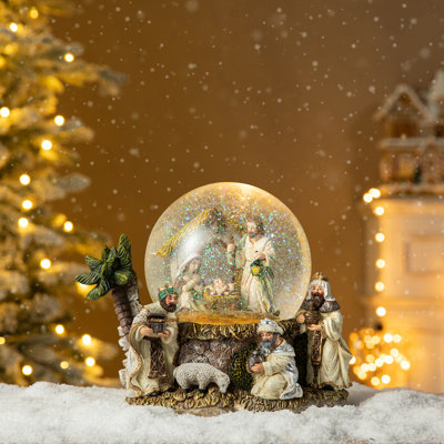 150Mm Christmas Oversized Resin Lighted Musical Snowflakes Nativity Scene Waterglobe