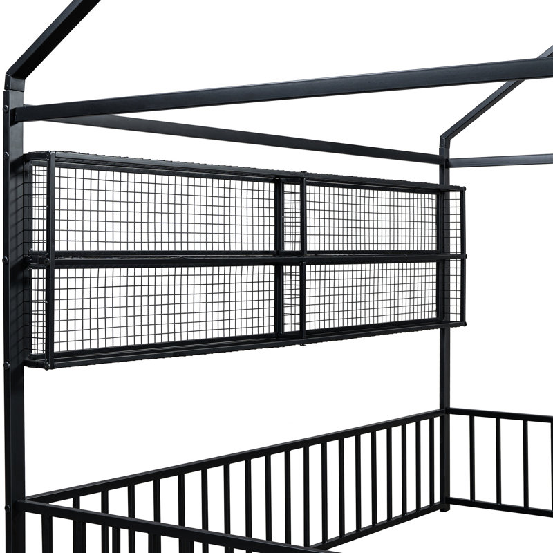 Structure de lit en métal noir avec rangement. Pleine grandeur pour une chambre à coucher bien rangée. L 77,6 po x l 55,6 po x H 66,9 po. Lit fiable avec tablettes et fabrication moderne.