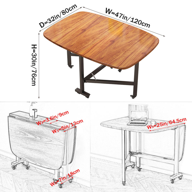 Multifunction Table Drop Leaf Dining Table - 47" Wooden Foldable Kitchen Table With 6 Wheels (Brown)