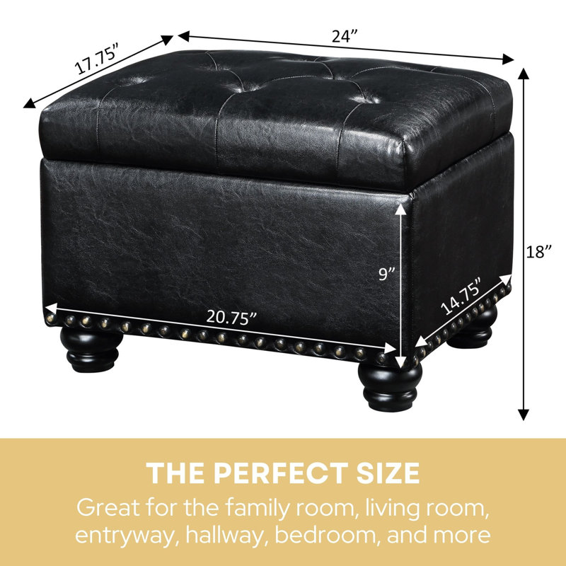 Frontenac 24" Wide Faux Leather Tufted Rectangle Storage Ottoman, Black Faux Leather