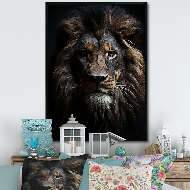 «Black and White Lion Portrait Vibrant II», reproduction d'art sur toile, H 32 po x l 16 po x P 1 po, Cadre flottant noir