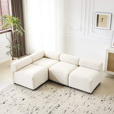 83 po Canapé modulaire 4 pièces, tissu beige, ressorts sinueux surdimensionnés, combinaison modulaire en forme de L en mousse à haute résilience pour le salon, mousse confortable, conception flexible, facile à assembler