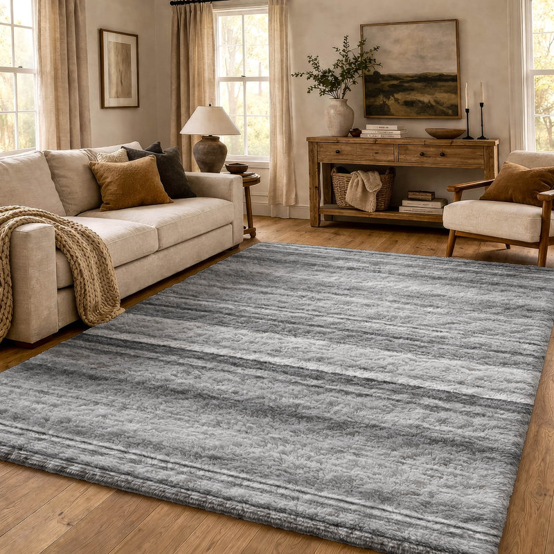 Premium Machine Washable Dream Shag ADS529 Striped Rug, Gray, 9' x 12'