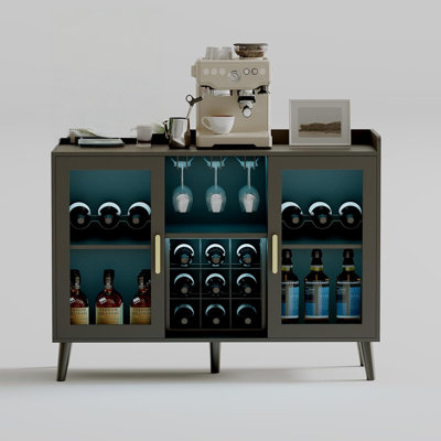 Freestanding Wine Bar Cabinet with Wine Rack and LED Light, Kitchen Sideboard and Buffet Cabinet Coffee Bar with Glass Holder, with Glass Door for Liv