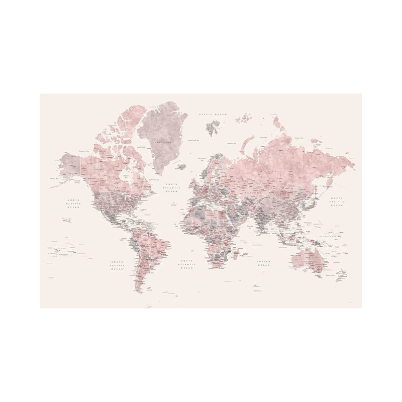 Detailed World Map, Madelia, In Dusty Pink, Grey And Cream by Blursbyai - Gallery-Wrapped Canvas Giclée on Canvas, Canvas