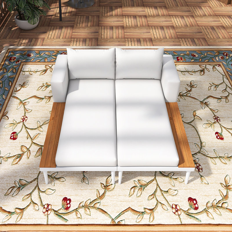 Modern Outdoor Metal Daybed With Wood-Topped Side Shelves, Beige Cushion/White Frame