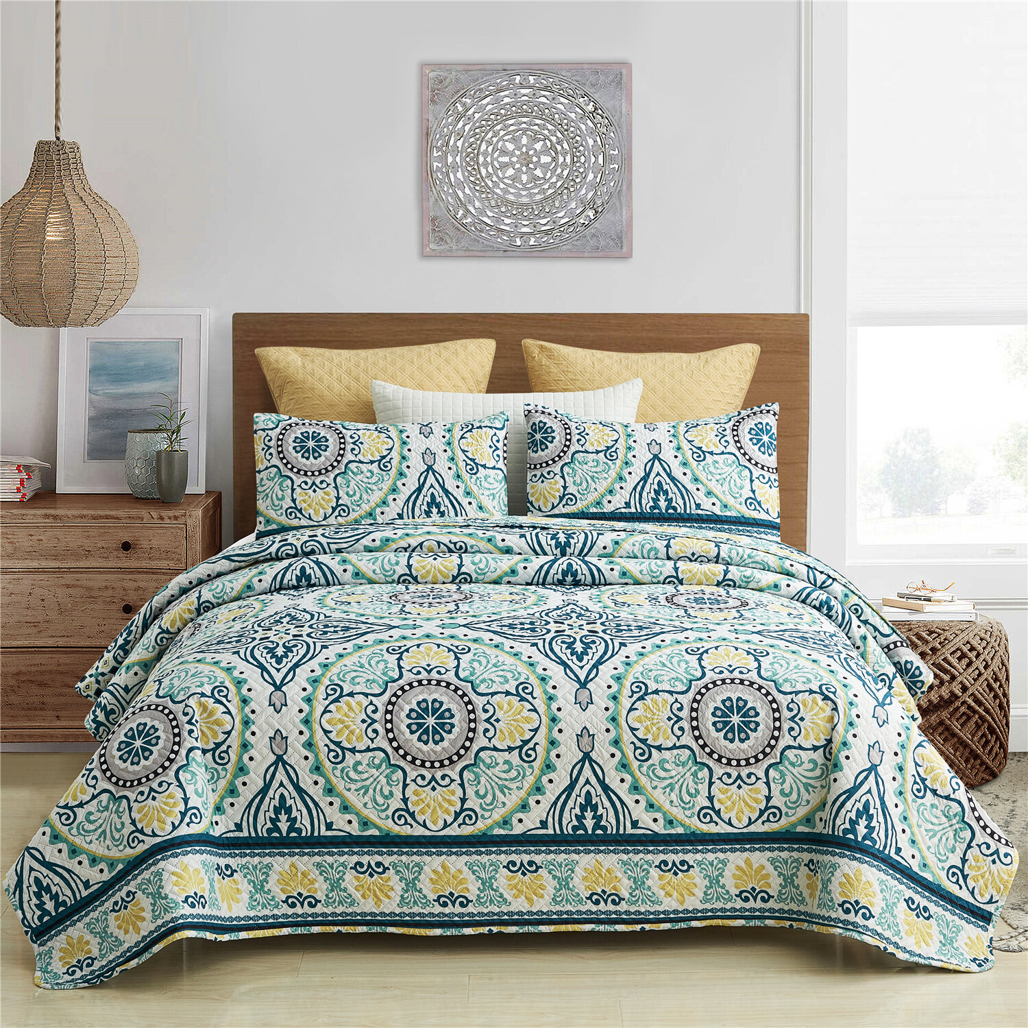 3pcs Cotton Quilted Bedspread Set American Style Coverlet Pillowcases  Patchwork Quilt Floral Printed Bed Cover Cubrecamas