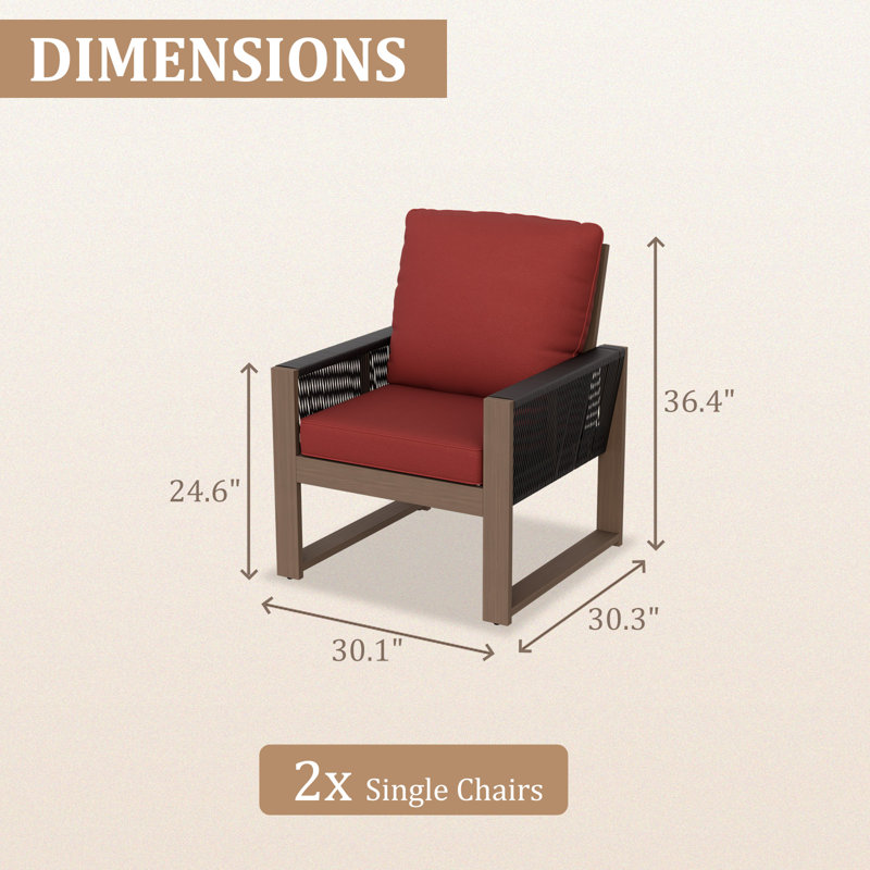 Patio Cedar Wood Frame Brown Wicker Outdoor Armchair with Cushion Set of 2, Red