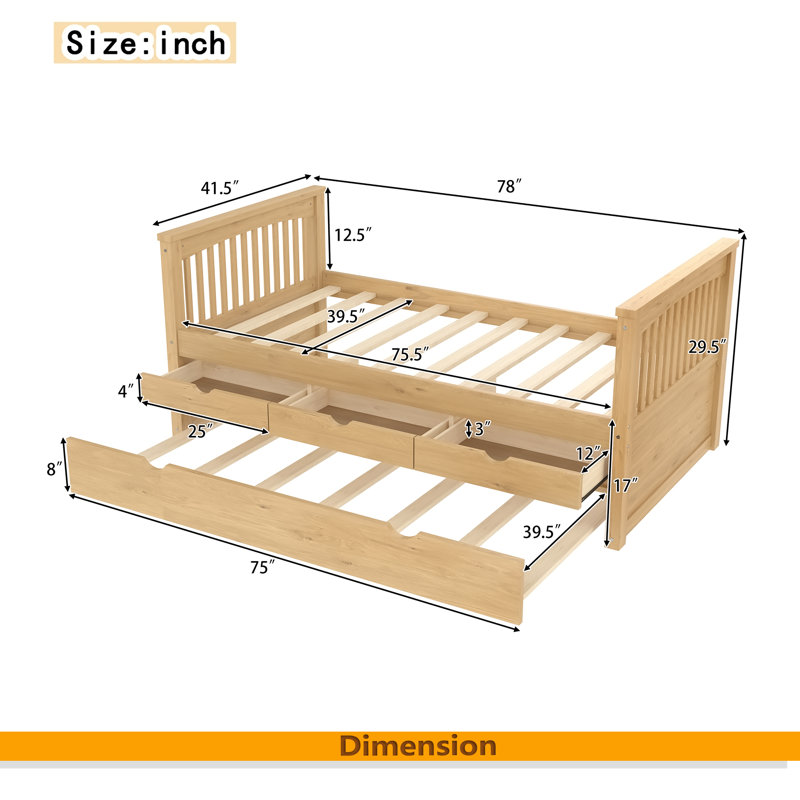 Lit plateforme simple avec tiroirs et lit gigogne, lit de jour en bois massif, sans sommier, Naturel