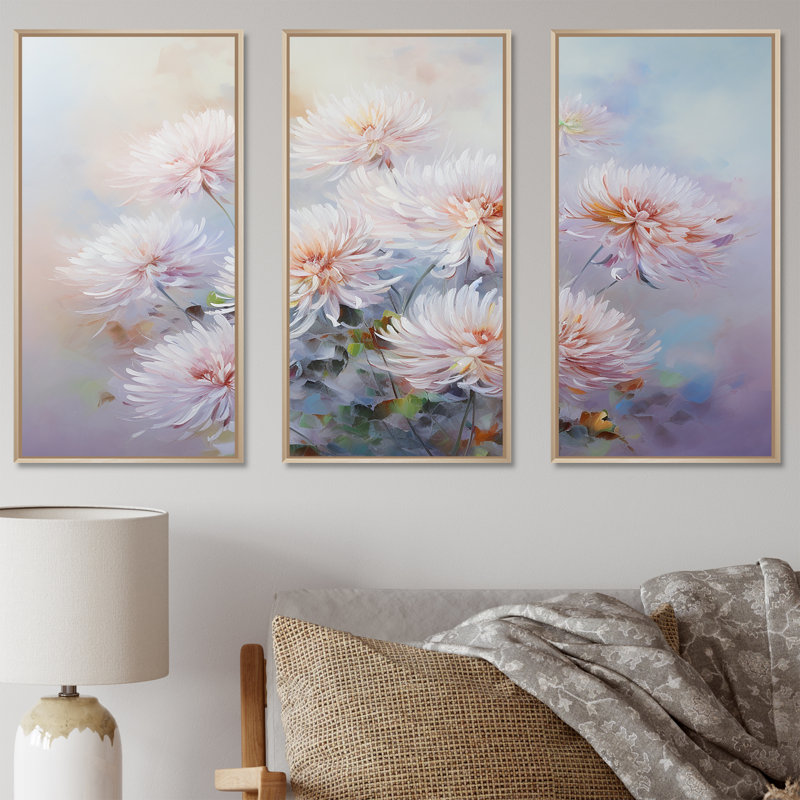 «Rose and Purple Chrysanthemums Bloom I», ensemble de reproductions d'art mural, Cadre naturel flottant