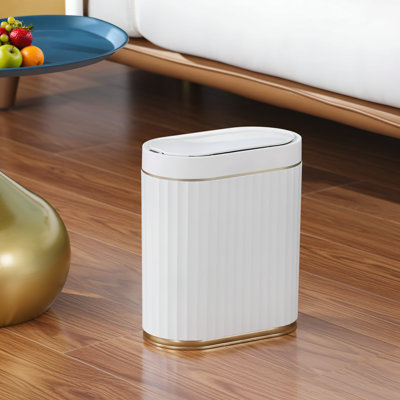 Automatic Sensor Trash Can, 2 Gallons, Slim Design, White With Gold Trim, Suitable For Bathroom, Bedroom, Kitchen, And Office.