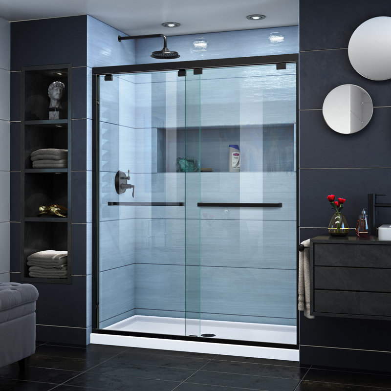 DreamLine Encore P 32 po x l 54 po x H 78 3/4 po Porte de douche semi-encadrée en noir mat avec base de douche blanche à drain central