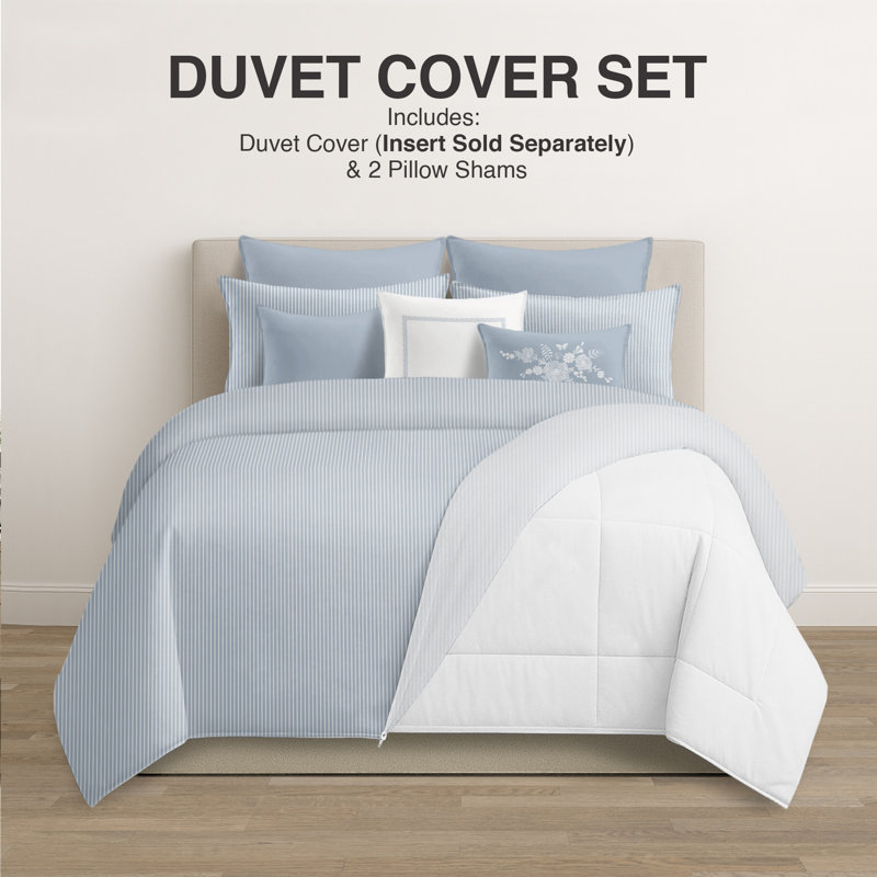 Ruben Stripe Reversible Cotton Duvet Cover Set, Cal.King Duvet Cover + 2 King Shams, Cornflower