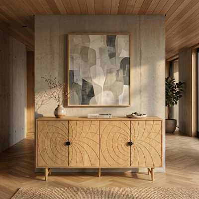 NTC Bloom Solid Wood Sideboard, 4-Door Cabinet with Sculptural Hand-Carved Radial Pattern, Artistic Statement Buffet for Living Room or Dining Space, Effortless Assembly, Sand