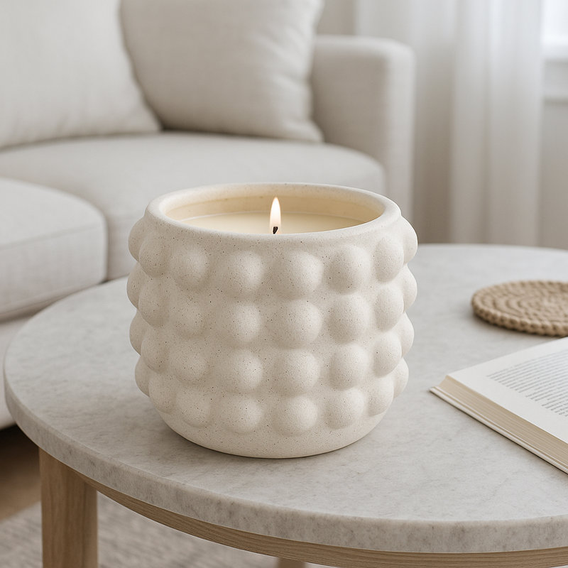Bougie moderne en céramique et en grès avec vasque ronde texturée et surface à bulles pour une ambiance décorative