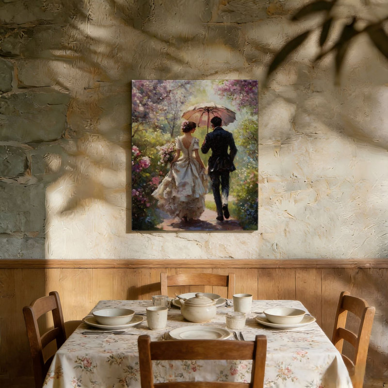 Rose et vert Couple romantique se promenant dans le jardin victorien avec cadre en bois à dossier encastré, art mural 36 po x 24 po