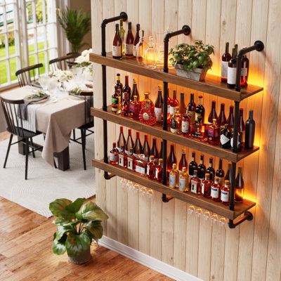 Tablettes de bar flottantes pour boissons alcoolisées, support à vin mural avec lumière DEL, support à vin suspendu avec porte-verres à pied en verre pour la cuisine, la salle à manger, le présentoir de décoration de bar