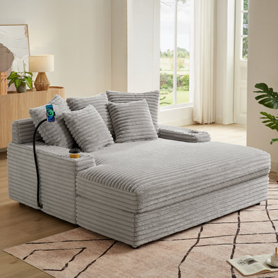 Oversized 63.78” Loveseat Chaise Lounge Sectional Sofa Bed, Corduroy Chaise Lounge Chair With Cup Holders, Storage Armrests, Pillows, And Built-in Cha by Latitude Run