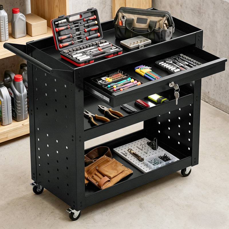 HOMCOM 3-Tier Shelf Storage Trolley Wheel Cart with Lockable Wheels Black