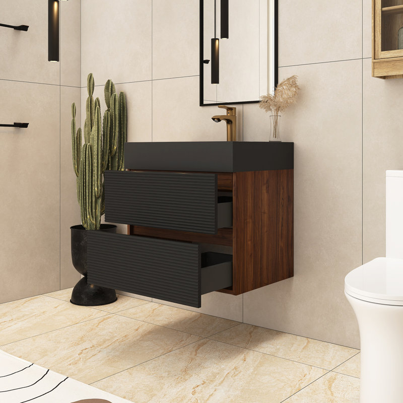 Meuble-lavabo mural simple 24 po avec comptoir en quartz 24 po, Noir/noyer, 24"