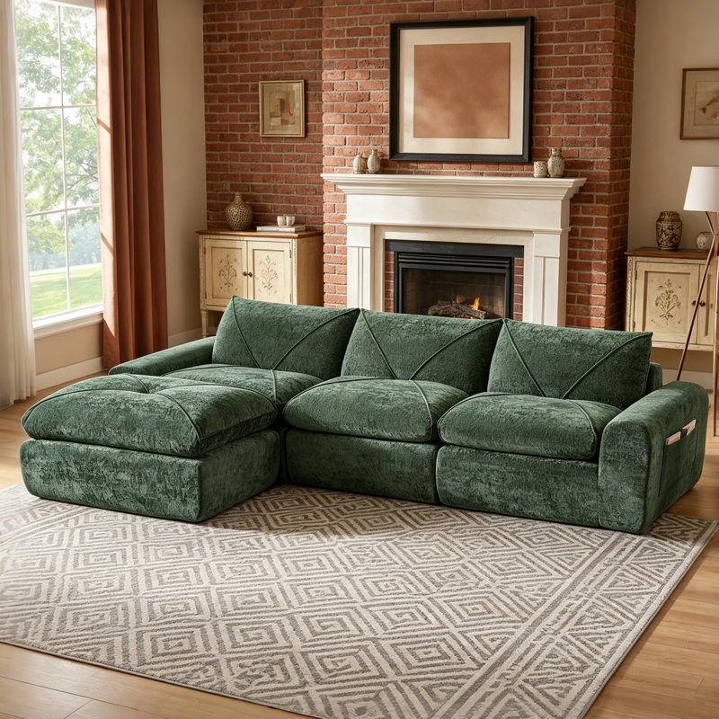 Balendin Boneless Feather Down L-Shaped Sectional Sofa, Apartment Couch with Ottoman,Modular, Green Linen