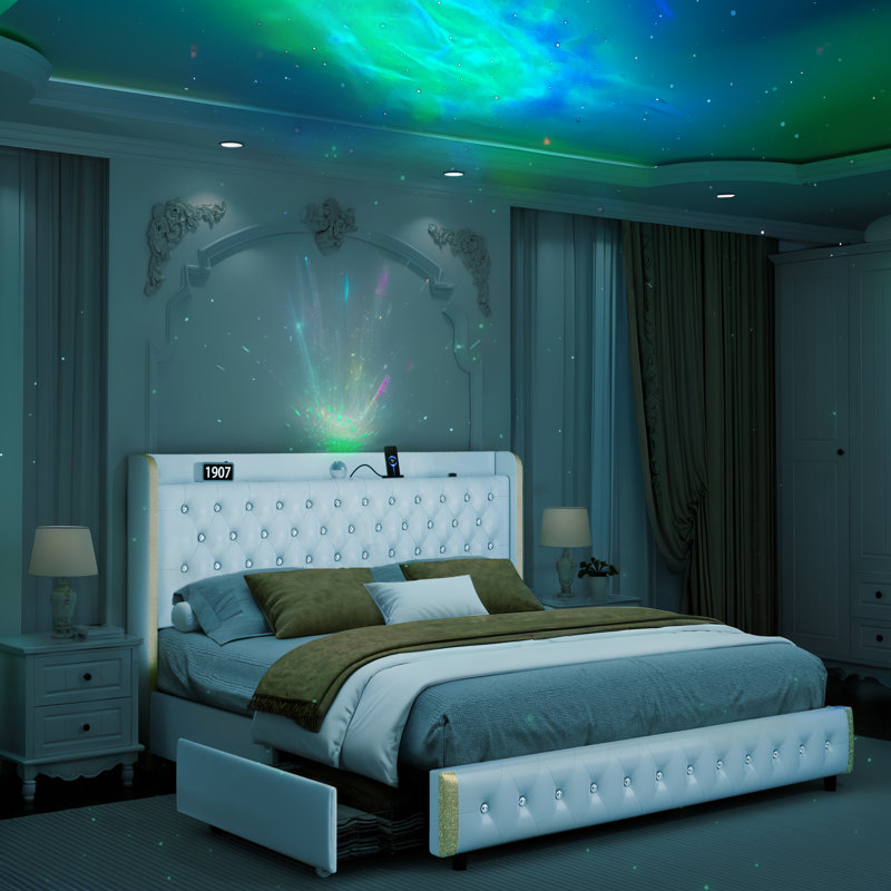 Structure de lit tapissier avec 4 tiroirs de rangement, tête de projecteur Star Galaxy avec station de charge, haut-parleur intégré, aucun sommier tapissier requis, similicuir