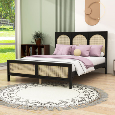 Wooden Platform Bed with Rattan-Decorated Headboard and Durable Frame