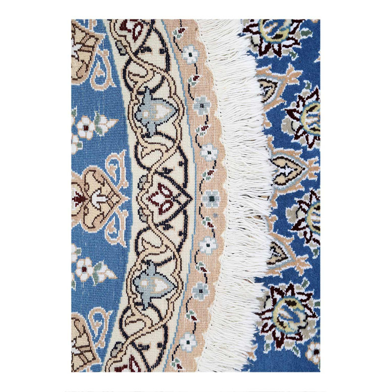 Light blue Color Hand knotted Persian silk & wool Nain round rug 3'9"X 3'9"