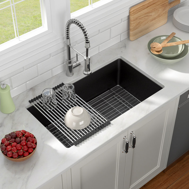 Évier de cuisine encastré en composite de granite 33 po Lofeyo, évier simple en quartz noir mat avec rebord, cuve profonde moderne