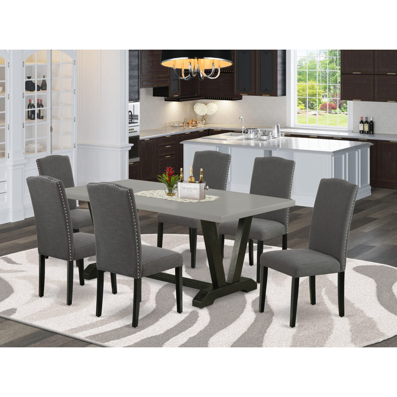 7-Piece Rectangular Dining Table Set with a Wonderful Cement Kitchen Table top and 6 Dark Shitake dining room chairs with Nail Heads and Wire Brushed Black Finish