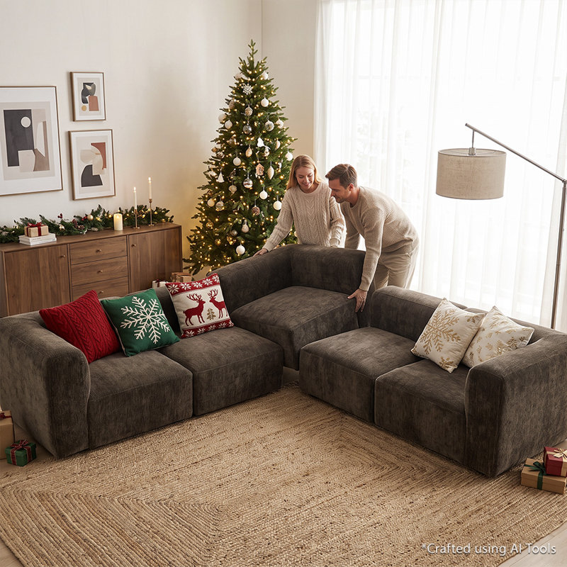 Canapé modulaire en chenille 5 pièces à assise profonde en L 5 pièces, Chenille chocolat