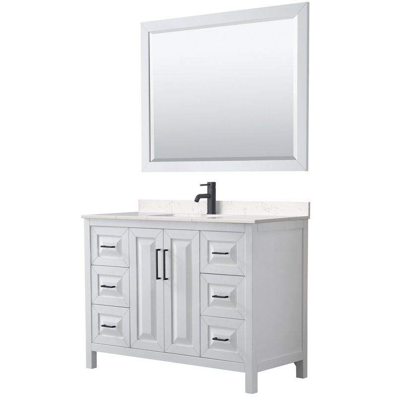 Ensemble de meuble-lavabo simple 48 po avec miroir Daria, Blanc, Marbre de culture de Carrare, Or brossé