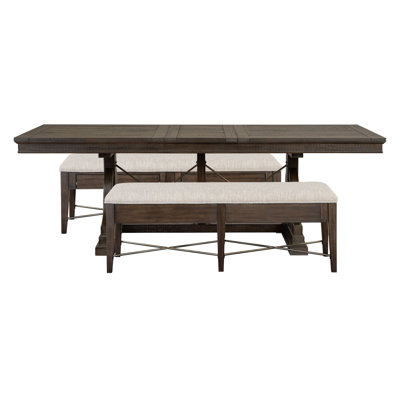 Extendable Trestle Dining Table With 2 Upholstered Benches