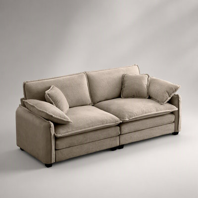 Canapé de salon chaleureux et confortable avec 4 coussins, grand siège profond 2 places, revêtement en velours côtelé brun clair pour un confort ultime