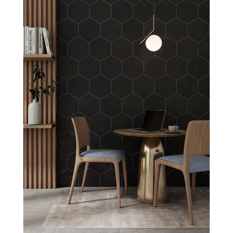 Nid d'abeille 9 po x 10 po Carreau de porcelaine hexagonal, Noir mat