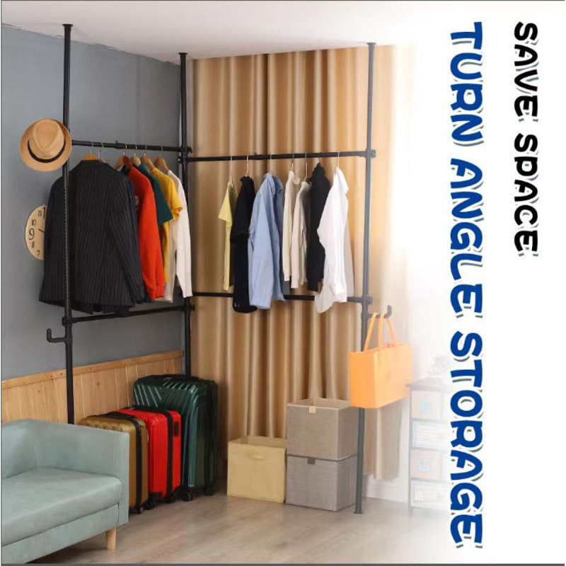 Telescopic Garment Rack, Heavy Duty Design Movable DIY By Hand No Damage To Wall Ceiling Hanging Rail, 31-47In Wide Adjustable, 120 Kilogram Loading, Reach Hook Included