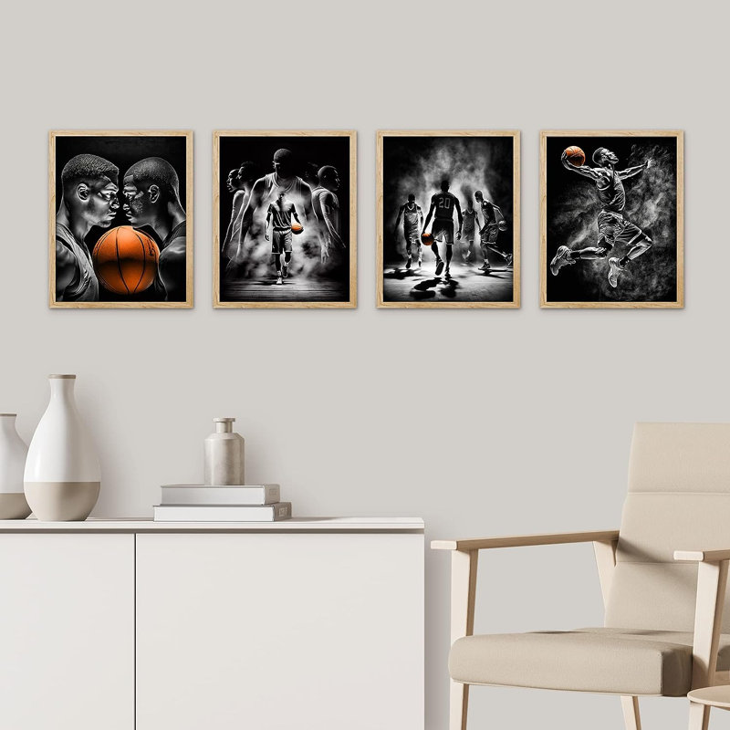 Affiches de basketball noires et blanches, impression 4 pièces, H 14 po x l 11 po x P 1 po, Encadré naturel