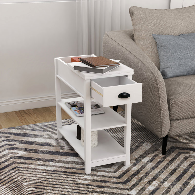 Table d'appoint étroite blanche avec fonction de rangement, peinte, pour les dortoirs et les tiroirs de salon en blanc, Blanc